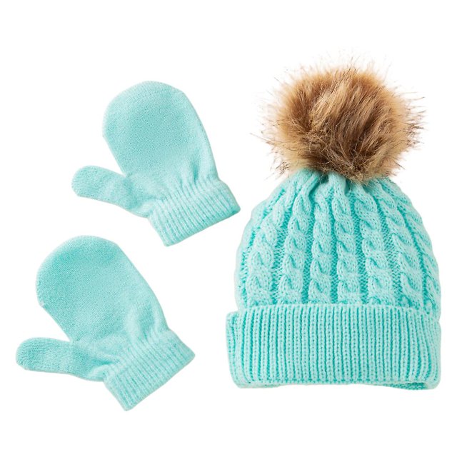 S Gorro cálido de invierno para bebé, conjunto de guantes de Color sólido, gorros con bolas de piel, Kit de manoplas, sombrero con dobladillo tejido para niños y niñas
