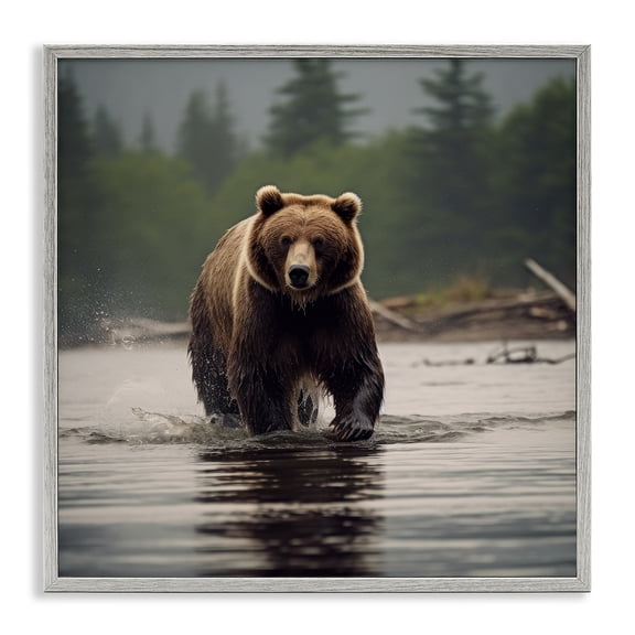 Stupell Industries Farmhouse Bear Splashing in Lake Gray Framed Giclee Art, 12 x 12, by Lazar Studio