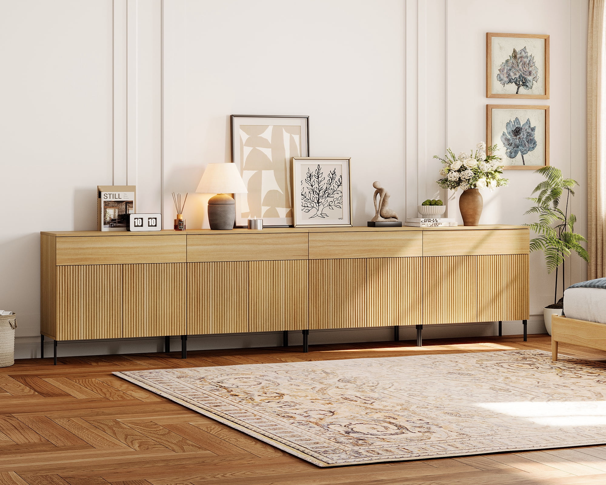 126" Wood Drawer Reeded Dresser for Bedroom, 4-In-1 Minimalist Modern Cabinet, Storage Dresser Organizer for Bedroom Living Room Hallway Closet