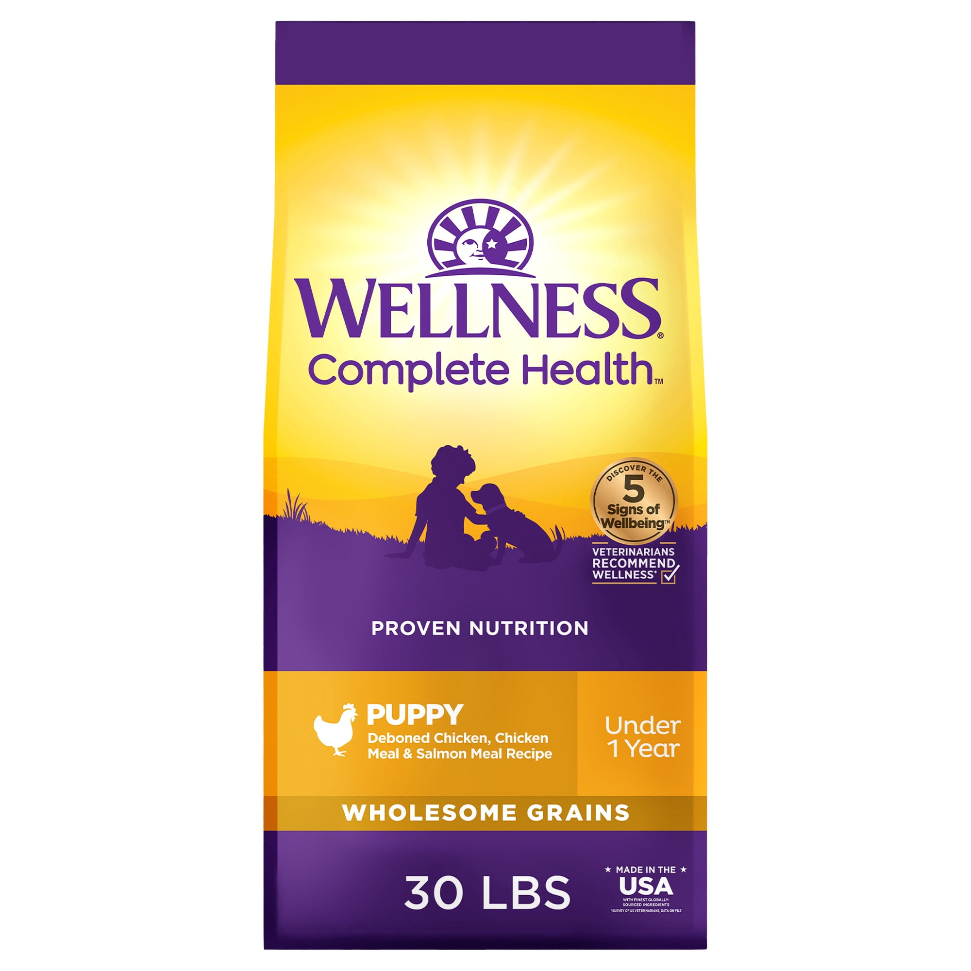 Wellness Complete Health Puppy Dry Dog Food, Wholesome Grains, Natural, Chicken, Oatmeal, & Salmon Recipe, (30-Pound Bag)