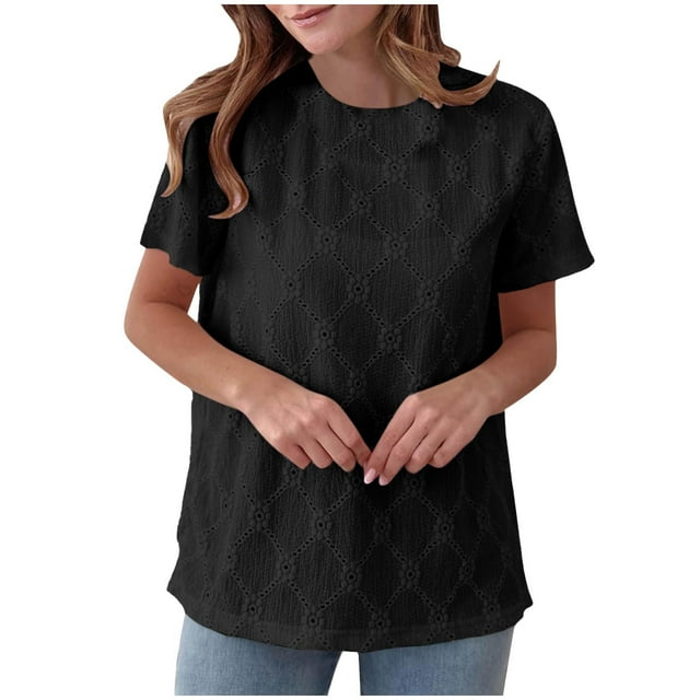 Liquidation! Hauts Grande Taille pour Femmes, Blouse à Manches Courtes d'Été pour Femmes, Haut Décontracté Uni à Col Rond et Manches Courtes pour Femmes