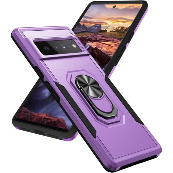 Google Pixel 6 Pro 5G, Shockproof Case Military Grade Phone Case Metal Stand [Support Magnetic Car Mount] for Pixel 6 Pro 5G, (Purple Black)