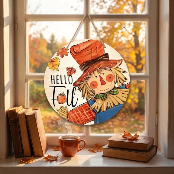 Halloween Sale Clearance!Fall Decorations for Home, Fall Scarecrow Wooden Door Sign Round Maple Leaf Pumpkin Hanging Front Door Wall Decor For Thanksgiving Home Porch Decoration