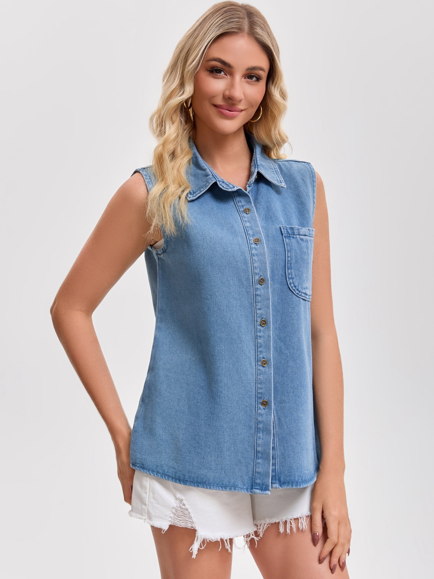 DARING DIVA Women's Denim Tank Sleeveless Button Down Collared Jean Shirt L Sky Blue