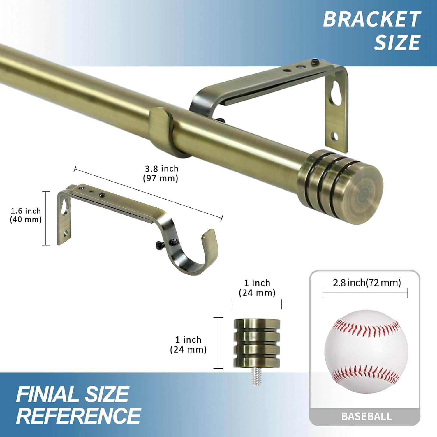Urbanest Adjustable Single Curtain Rod Set Aspire Finials – 5/8-Inch Diameter, With Antique Brass Rod, 48–84 Inches