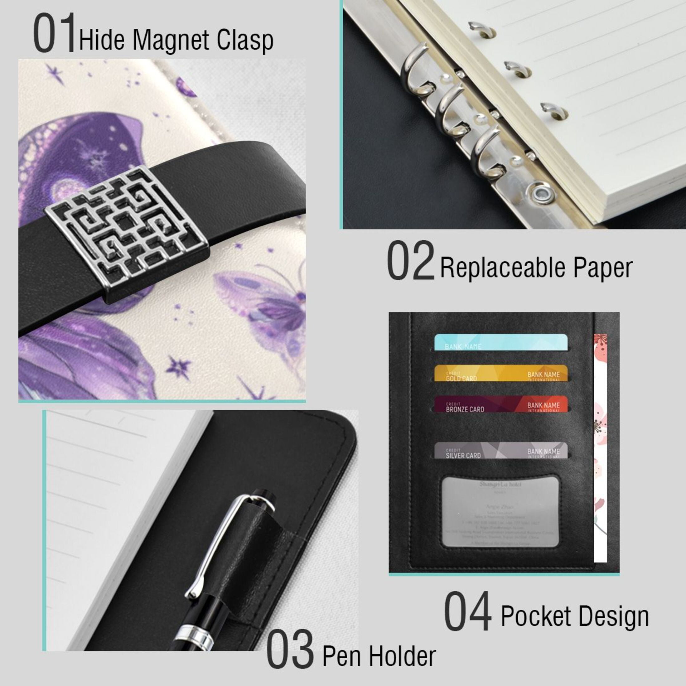 Leather Planner Leather Notebook Notebook Journal Binder Design Pen Pocket Design Convenient for Storage Beautiful Purple Butterflies