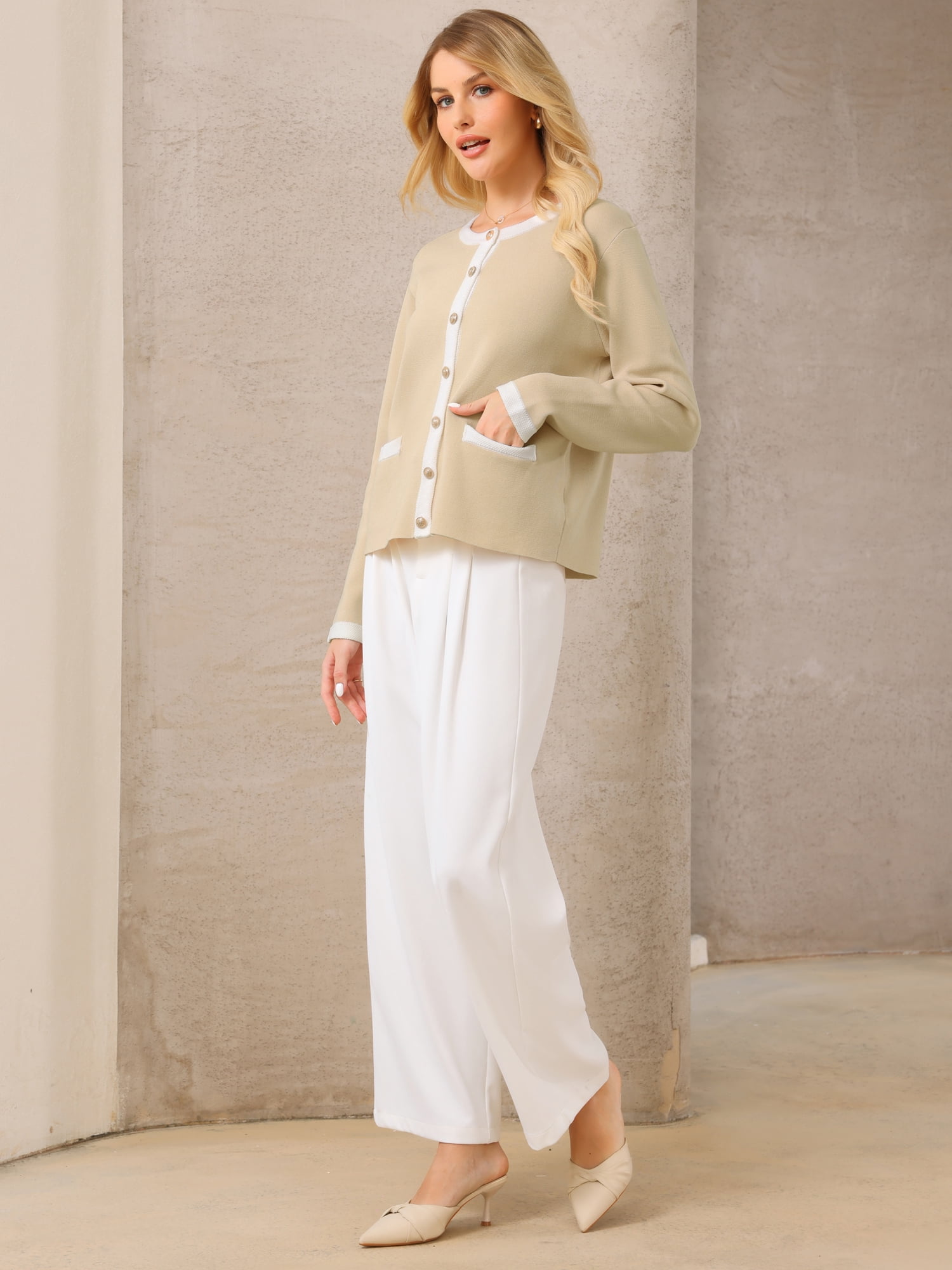 DARING DIVA Women's Contrast Color Long Sleeve Knit Cardigan Sweater M Khaki