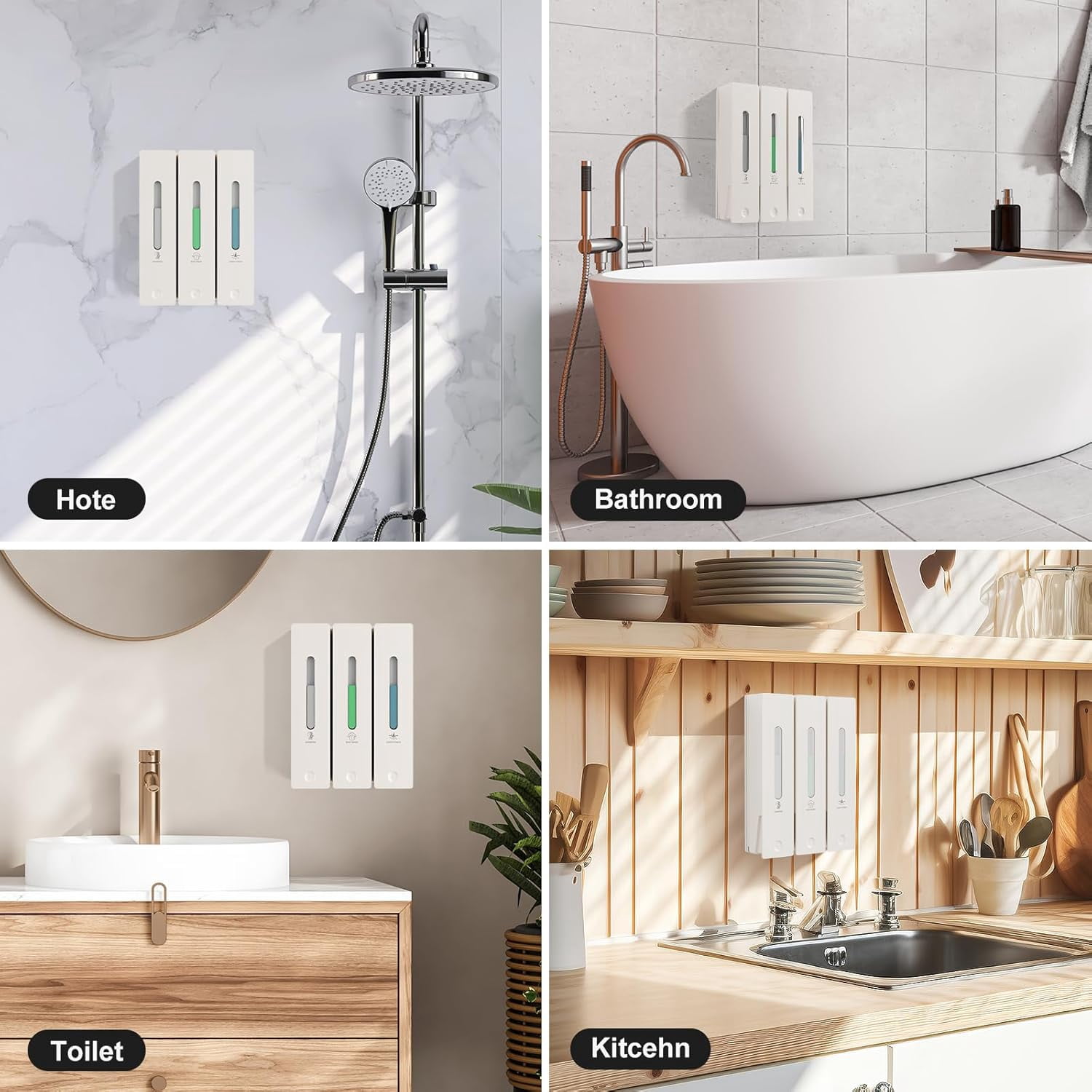 Shampoo and Conditioner Dispenser - Wall-Mounted 3-Chamber Shower Soap Dispenser, No-Drill, 1200ML Capacity, for Bathroom & Hotel