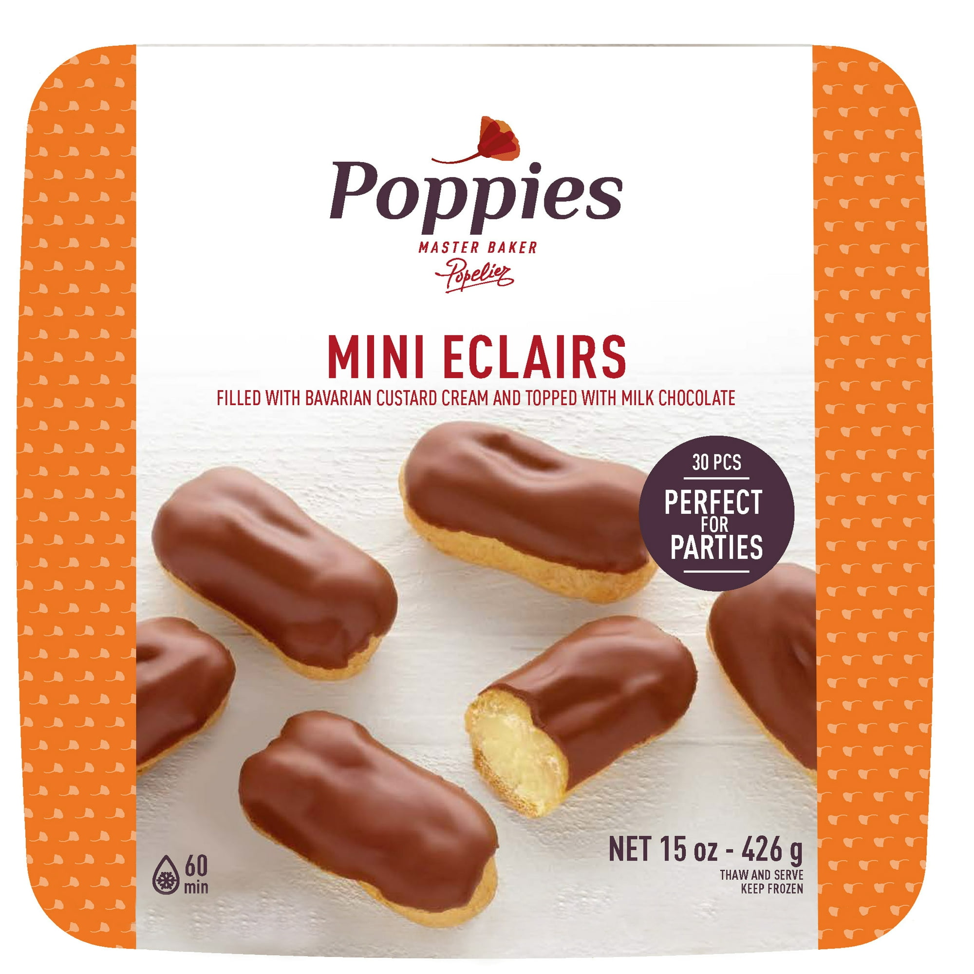 Poppies Belgian Milk Chocolate Topped Mini Eclairs with Bavarian Custard, Frozen Ready-to-Eat, Preparation Type - Thawed, 15oz