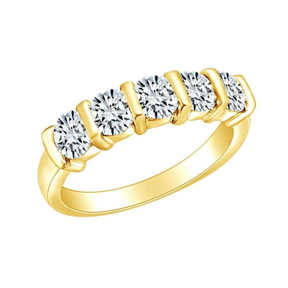 AFFY 1 1/4 Carat Round Shape White Natural Diamond Five Stone Wedding Band Ring In 14k Solid Yellow Gold (1.25 Cttw) Ring Size-7