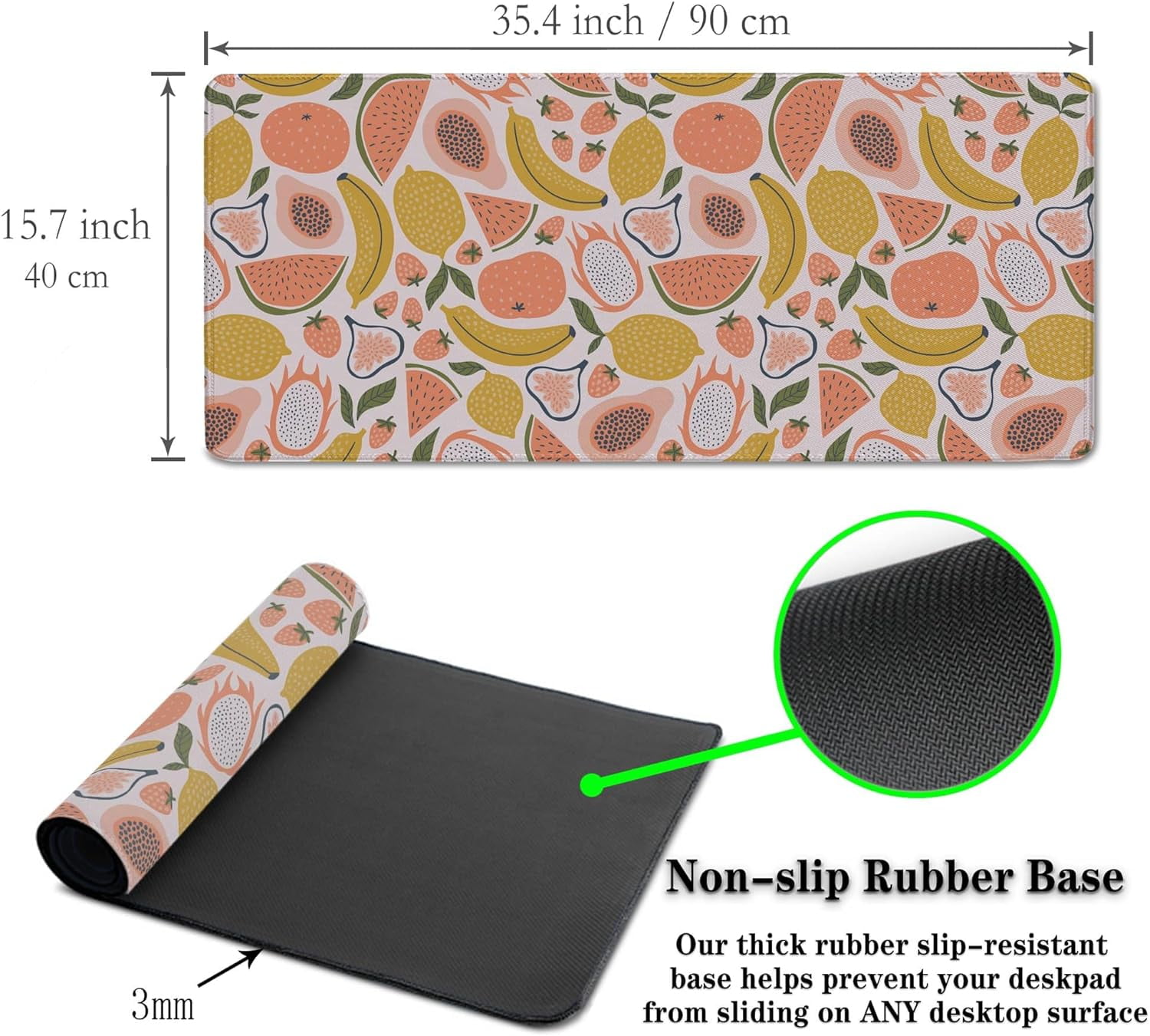 Large Desk Pad, Keyboard Mouse Pad Gaming Desk Mats, Mouse Pad Mat Non-Slip Rubber Base Waterproof with Stitched Edges, 35.4 X 15.7 inch for Work/Game/Office/Home Bright Summer Cartoon Fruits