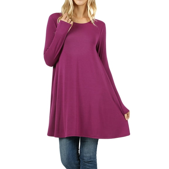 Women Round Neck Long or 3/4 Sleeve Flattering Comfy Swing Tunic Loose Fit Flowy Dress Top