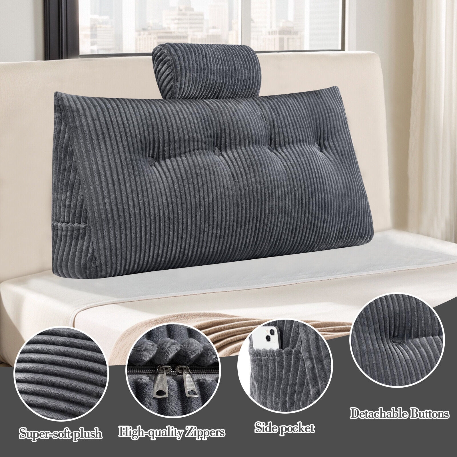 TOPCHANCES Headboard Reading Pillow with Pocket, Triangular Wedge Bedside Backrest Support Cushion with Detachable Neck Roll Pillow, Grey, 39x8x20 Inches