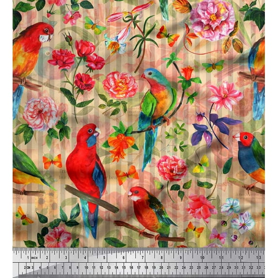 Soimoi Orange Japan Crepe Satin Fabric Stripe,Floral & Parrot Bird Fabric Prints by Yard 42 Inch Wide