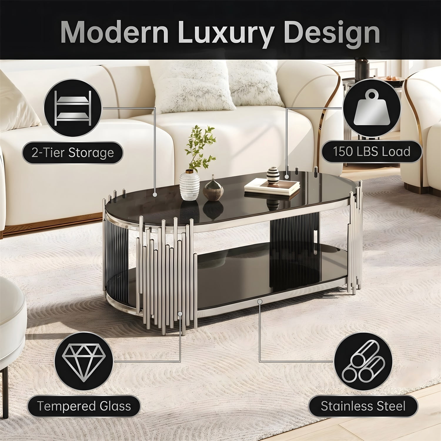 Hommoo Modern Oval Coffee Table with 2-Tier Tempered Glass Shelves & Organ Pipe Stainless Steel Base, Luxury Living Room Center Table, Black & Sliver