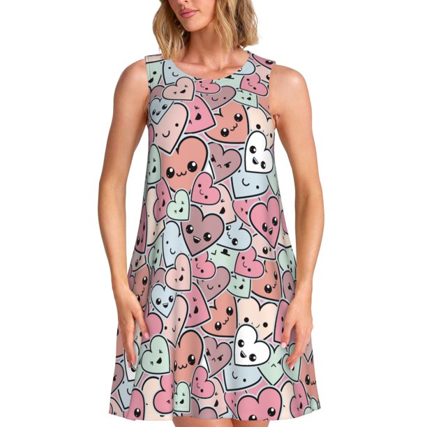 Disketp Cartoon Hearts para Vestido sin Mangas para Mujeres, Vestidos de Verano para Mujeres, Casual y Holgado para la Playa