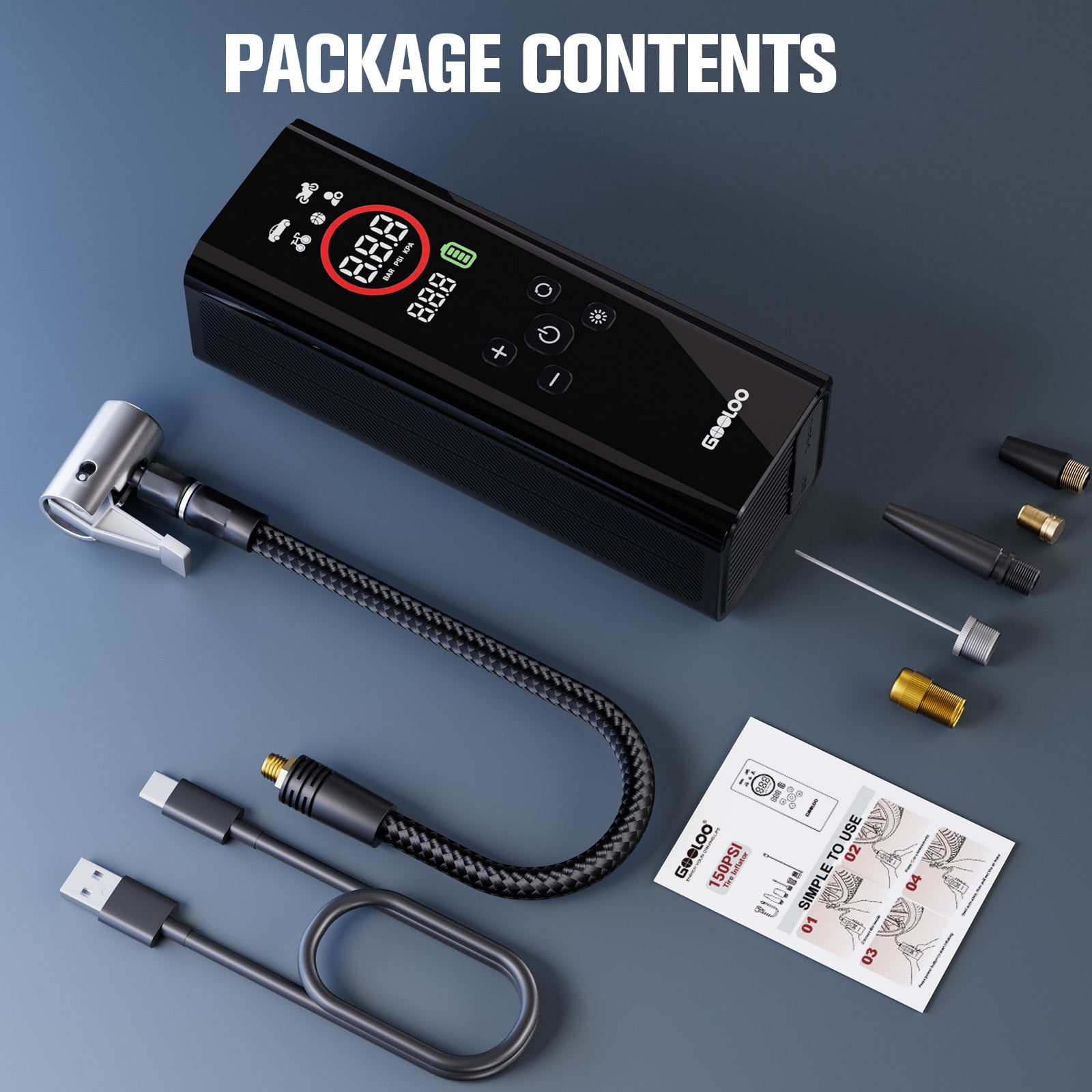 GOOLOO AP150 PRO Tire Inflator, 150 PSI Portable Air Pump with 7500mAh Battery, Digital Pressure Gauge, Auto Shut-Off, LED Light for Cars, Bikes