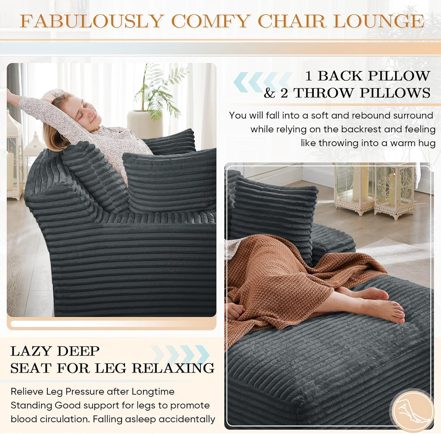 AENKYO 50" Chaise Lounge Sofa Bed with 3 Pillows, Convertible Sleeper Couch for Living Room, Bedroom & Small Spaces - Corduroy Upholstered Deep Seat Comfy Furniture - Dark Gray