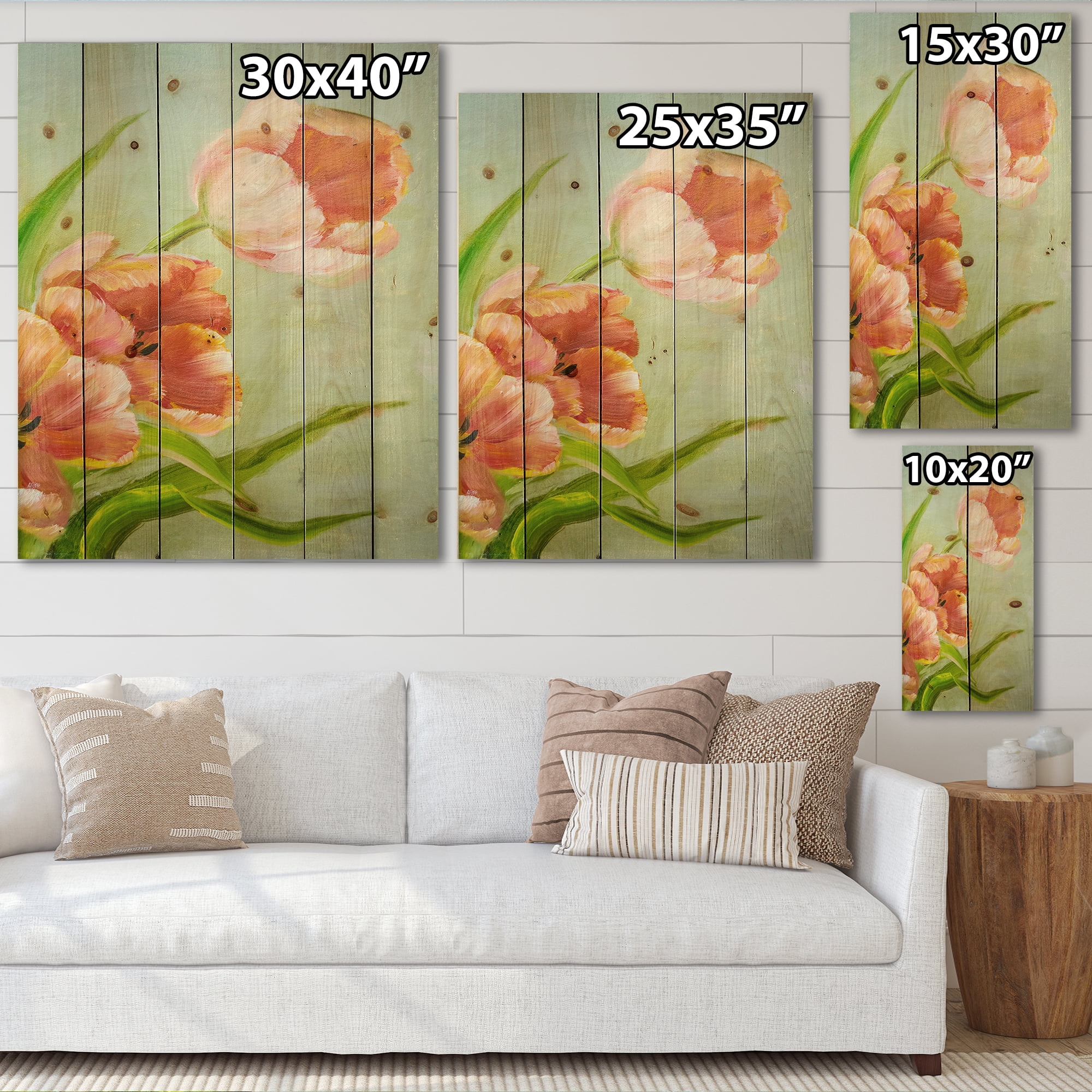 Designart 'Ancient Red Tulips Flowers I' Traditional Print on Natural Pine Wood