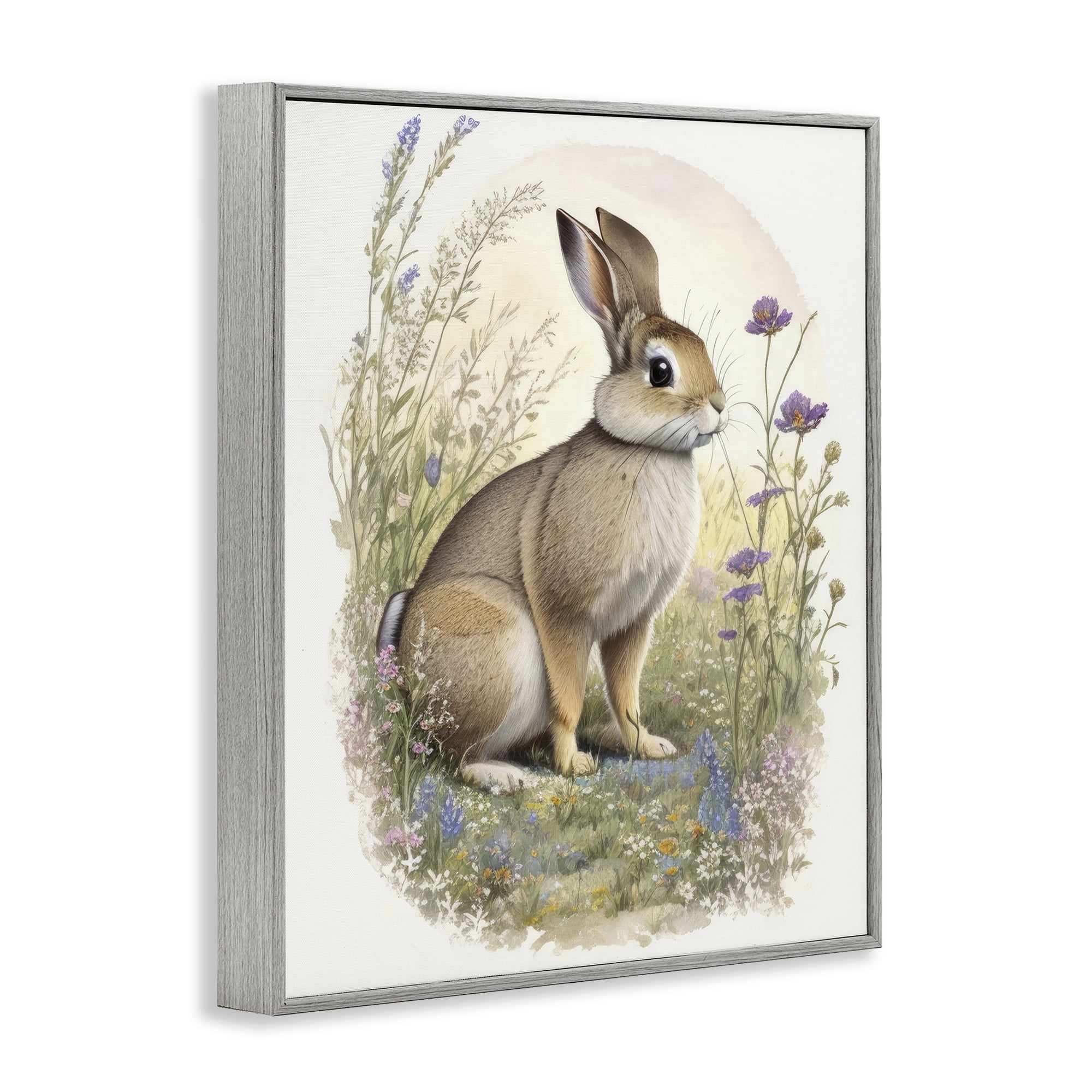 Stupell Industries Rabbit with Meadow Blooms Animals & Insects Painting Gray Framed Art Print Wall Art, 24 x 30