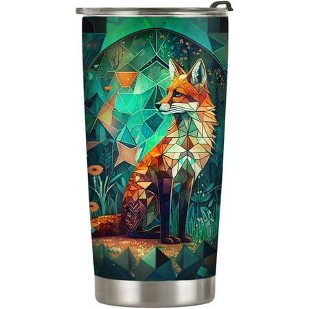 

ORCAE 20oz Fox Gifts for Fox Lovers Printed Crystal Mosaic Green Jade Stained Glasses Fox Tumbler Cup Stainless Steel Insulated Travel Mug with Lid Coffee Thermos for Women - I