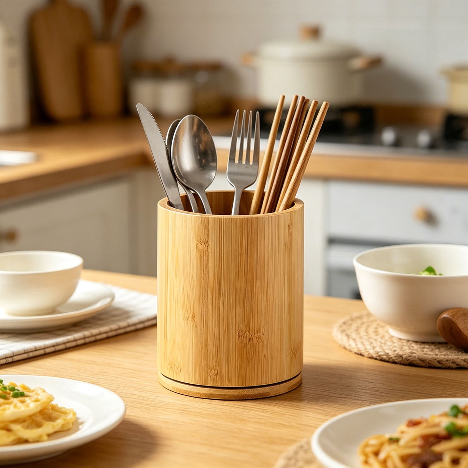 Wooden Utensil Holder, 360°Rotating Large Kitchen Utensil Holder for Spoons Kitchen Utensil Organizer,Utensil Crock, Farmhouse Kitchens Countertop Decor,7.48''x6.29"(C)