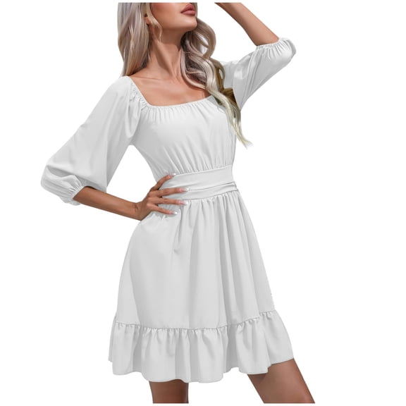 Vivianyo HD Dresses for Women 2024 Fashion Tie Back Square Neck Middle Sleeve Summer Elegant Mini Dress White