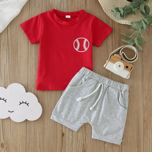 Product Category Boys Outfits&Set – Toddler & Youth Baseball Tee Short Sleeve Top and Shorts Set Letter Print Pullover with Casual Summer