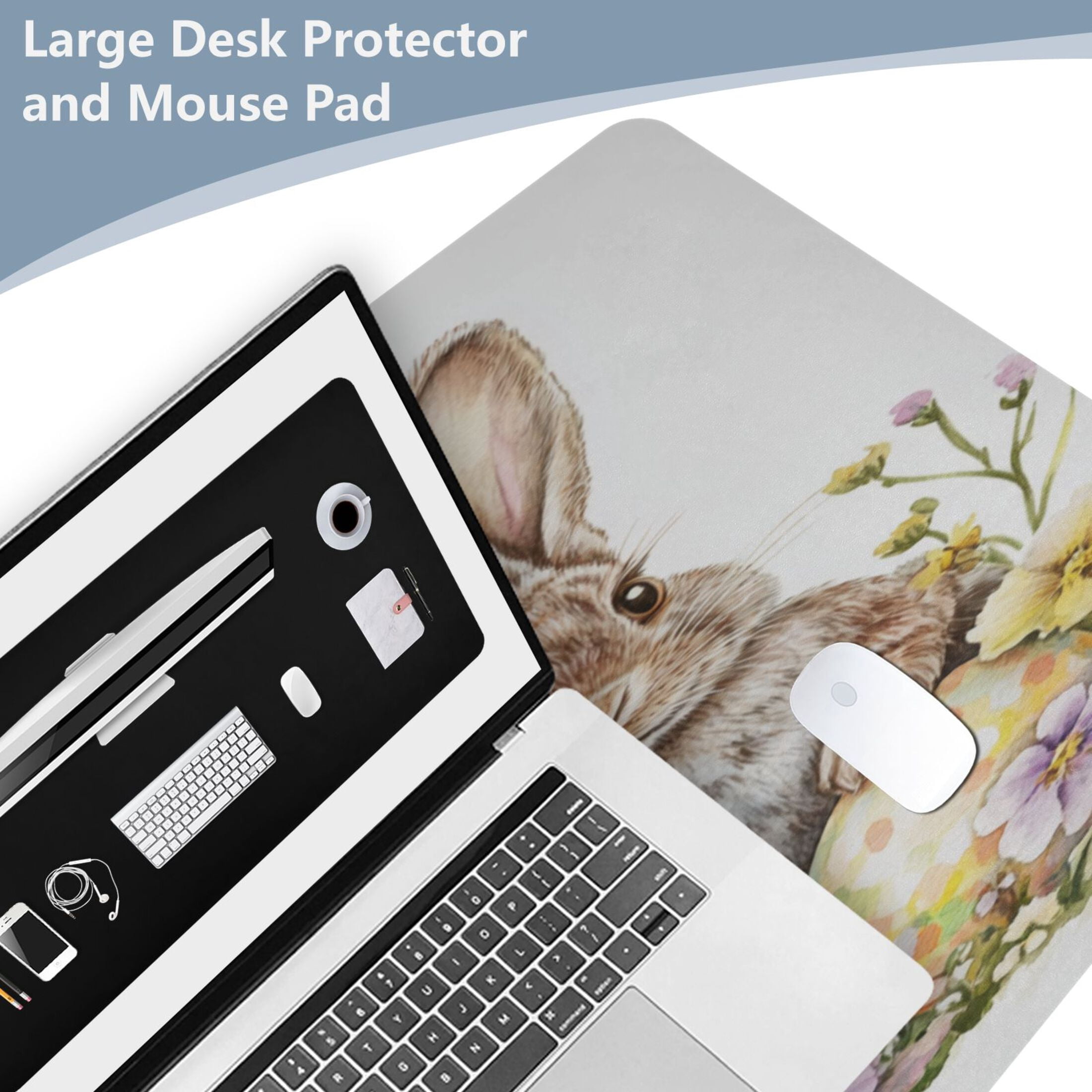 Leather Keyboard and Mouse Desk Mat Office Desk Accessories Protective Office Desk Decor Desk Pad Mat for Gaming, Work from Home, Office Three Cute Bunnies 16.5" x 35.4"