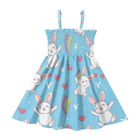 Summer Spaghetti Strap Rabbit Rainbow A Line Dress Casual Sleeveless Cami Sundress for Size 2-8 Years