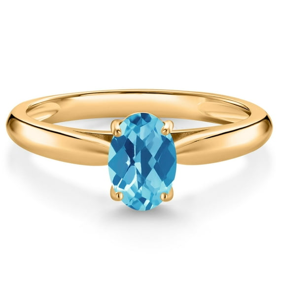 Gem Stone King 10K Yellow Gold Swiss Blue Topaz Solitaire Engagement Ring for Women (1.00 Cttw, Oval Checkerboard 7X5MM, Gemstone November Birthstone, Size 5)