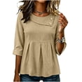 thumbnail image 6 of TGSLY Women's Crew Neck Linen Tops Dressy Decorative Buttons 3/4 Sleeve Shirts Casual Pleated Waist Peplum Hem Solid Color Blouses S, 6 of 8