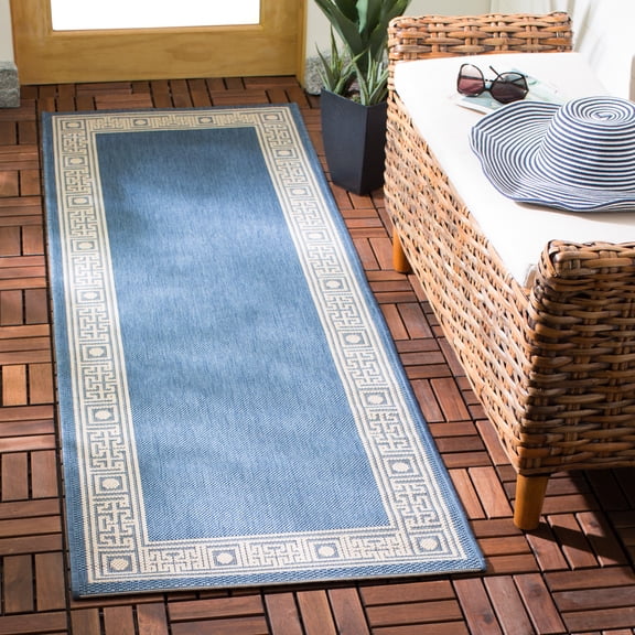 SAFAVIEH Courtyard Chase Oriental Indoor/Outdoor Runner Rug, Blue/Beige, 2'3" x 6'7"