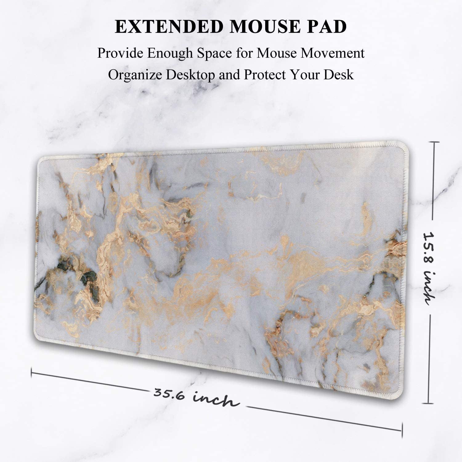 Large Mouse Pad, Full Desk XXL Extended Gaming Mouse Pad 35 x 15 Inch, Waterproof Desk Mat w/Stitched Edge, Non-Slip Laptop Computer Keyboard Pad for Office & Home, White Gray Marble Design