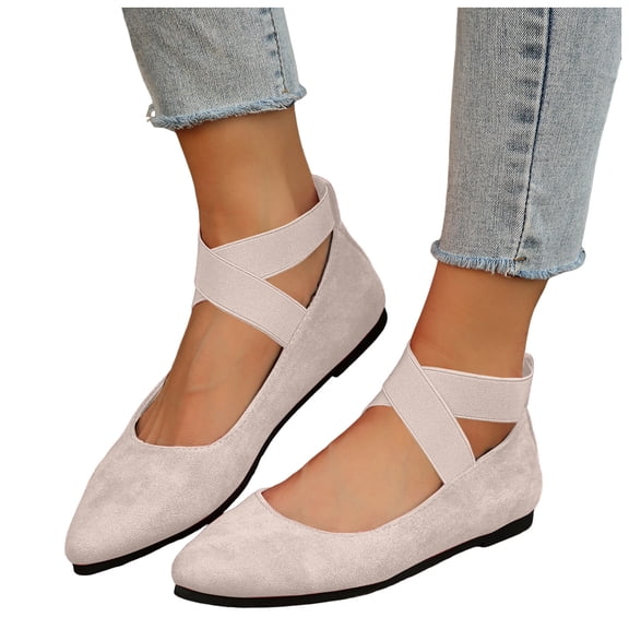 Rokment Womens Strappy Ballet Flat Dress Shoes 2026 Spring Fall Suede Fashion Casual Pointed Toe Bridal Low Heels Walking Loafers for Bride Wedding Beige Size 6.5