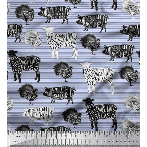 Soimoi Blue Cotton Duck Fabric Stencil Cow & Pig Animal Fabric Prints By Yard 42 Inch Wide