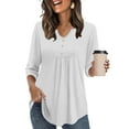 thumbnail image 2 of Lenpel Women's Tunic Tops 3/4 Length Sleeve Notched V Neck Pleated Front Curved Hem Flowy T Shirts Casual Loose Tee Blouses(White,X-Large), 2 of 4