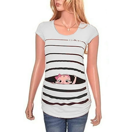 

Women Maternity Cute Funny Print Striped Short Sleeve T-shirt Top