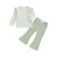 thumbnail image 2 of Aojekbee Toddler Girls Lacy Set Striped Long Sleeve Ruffled Tops Elastic Waist Drawstring Long Flare Pants Outfits, 2 of 10