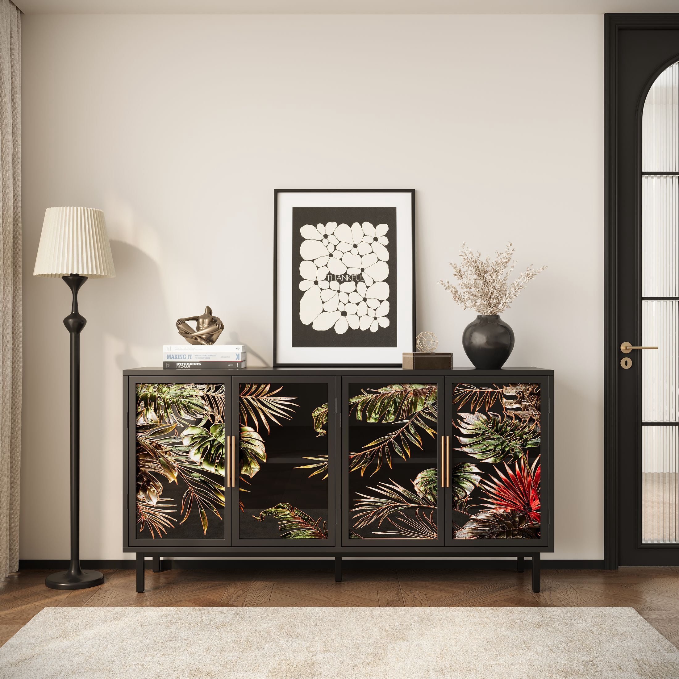 Noble House 60.4" Wooden Buffet Cabinet with Tropical Plant Glazed Glass Doors, Retro Storage Console Table, Black
