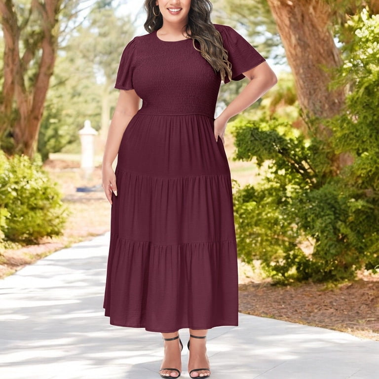 Feinuhan Women's Plus Size Casual Round Neck Flutter Short Sleeve Elastic Waist Smocked Maxi Dress- XXX Large, Burgundy, Red Feinuhan Women's Plus Size Casual Round Neck Flutter Short Sleeve Elastic Waist Smocked Maxi Dress- XXX Large, Burgundy, Red