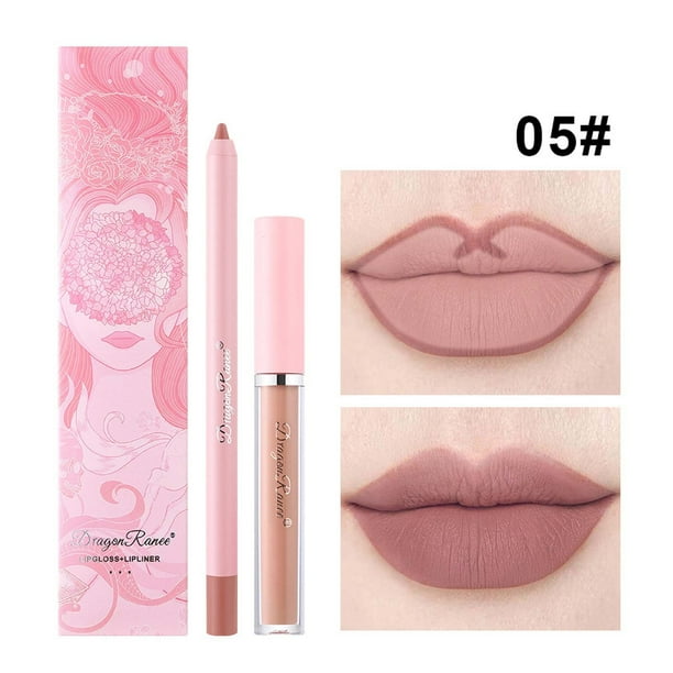Fiudx Liquidación De Ofertas Flash Lápiz Labial Con Gancho De Línea Mate Foggy A Prueba De Sudor, Bolígrafo De Espuma, Delineador De Labios Que No Se Decolora + Brillo De Labios, Caja Dos En Uno