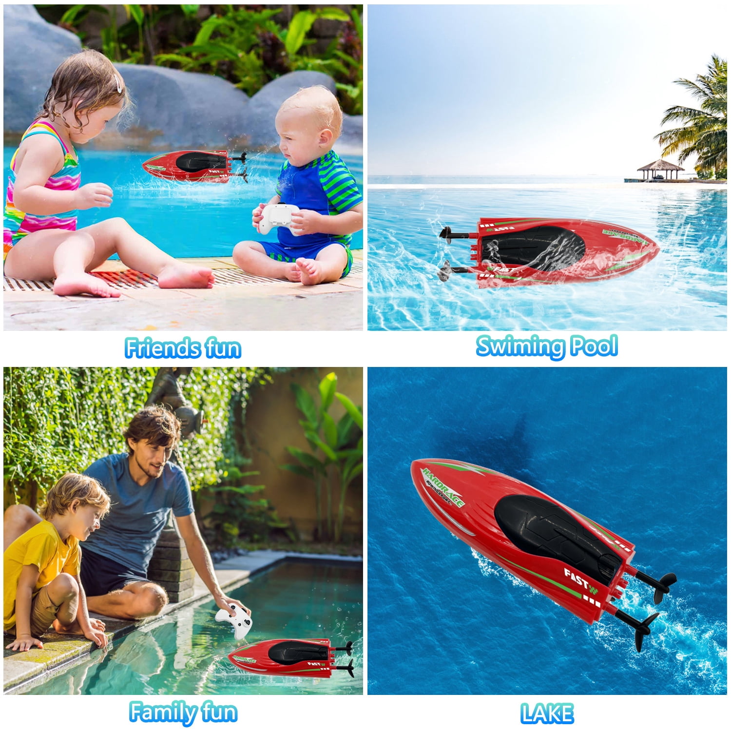 Syenll RC Boat with LED Light, Remote Control Boat for Pools, 3 Rechargeable Battery, Water Pool Toys for Boys Girls, Red