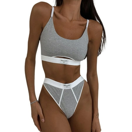 

Women Contrast Panel Letter Print Split Uneck Adjustable Shoulder briefs Bra Set