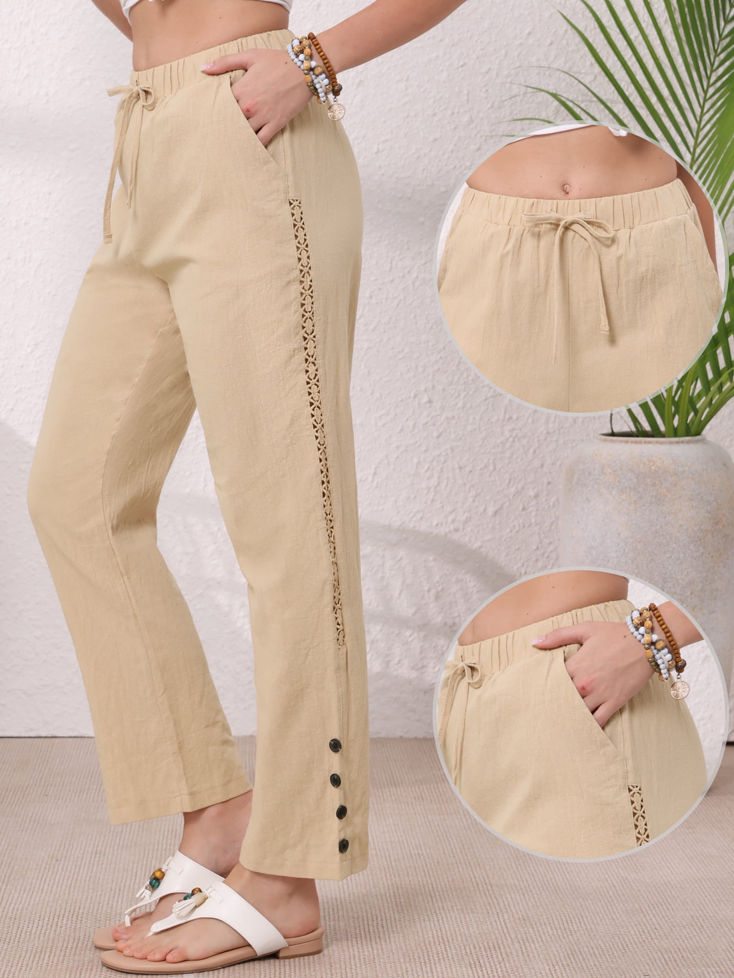 DARING DIVA Women's Linen Summer High Waist Drawstring Long Pants Medium Khaki