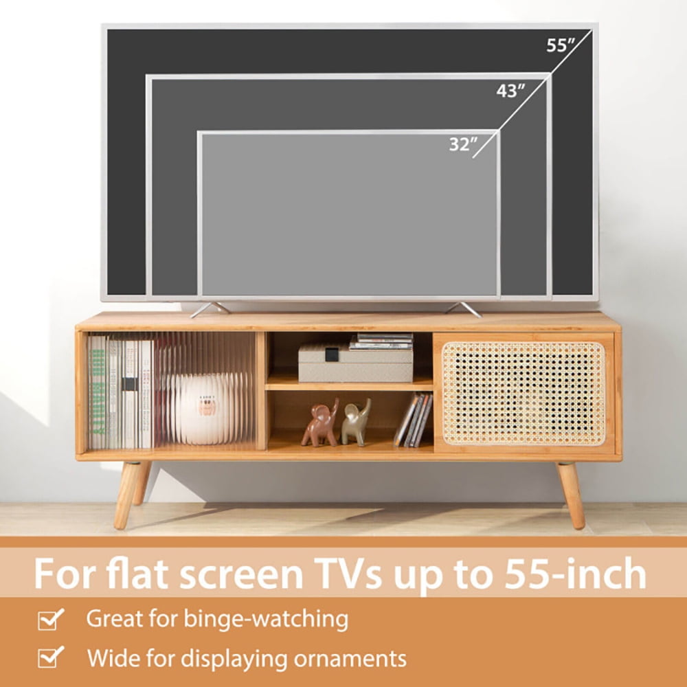 Finihen TV Stand, TV Cabinet, Modern TV Stand with Rattan Glass Sliding Doors, for Living Room, Natural