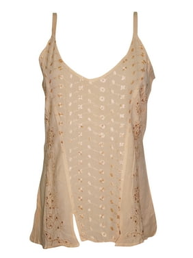 Mogul Women's Boho Strappy Tank Top Beige Embroidered V Neck Blouse S
