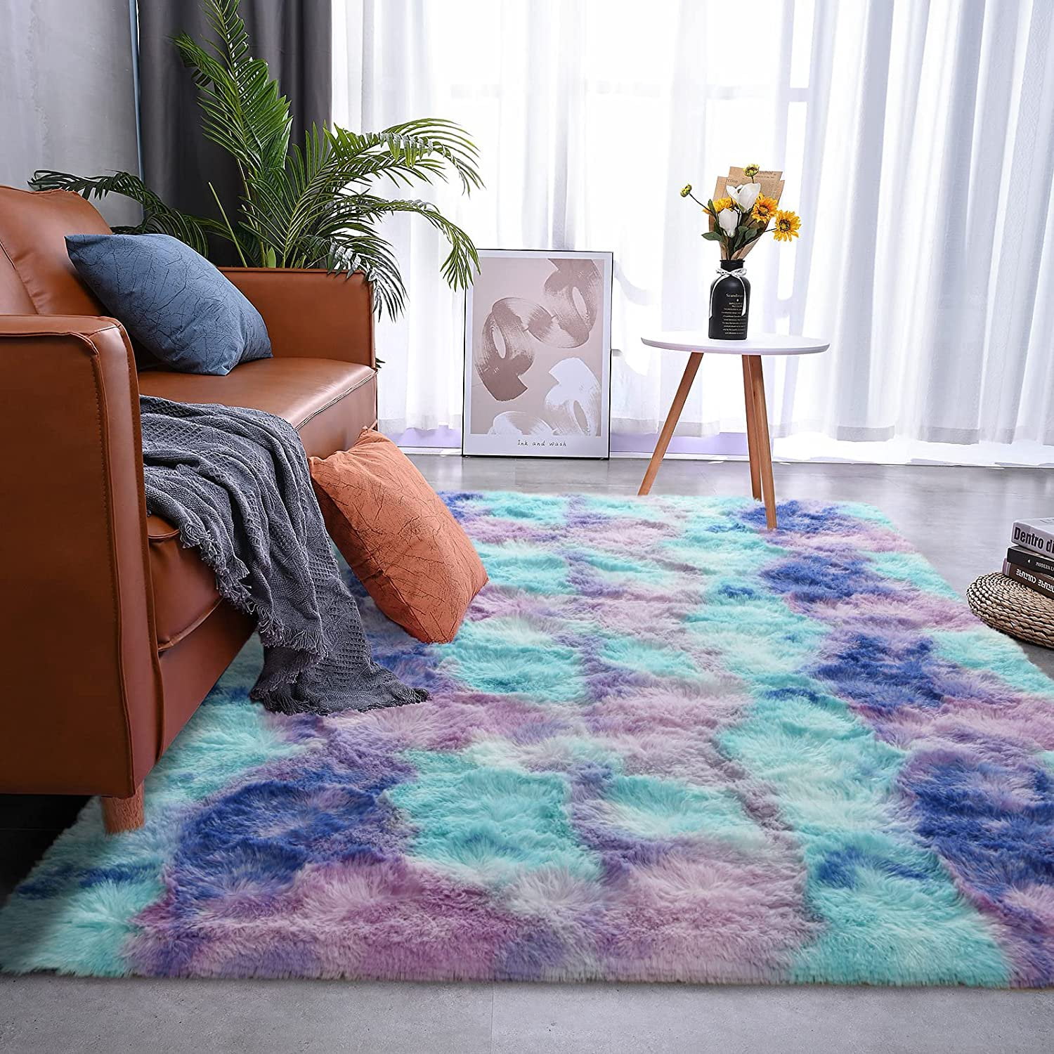 Homore Shag Area Rug,Tie-Dyed Blue Purple Indoor Ultra Soft Plush Rugs for Living Room，Fluffy Carpet For Bedroom,5'X 8',Blue Purple