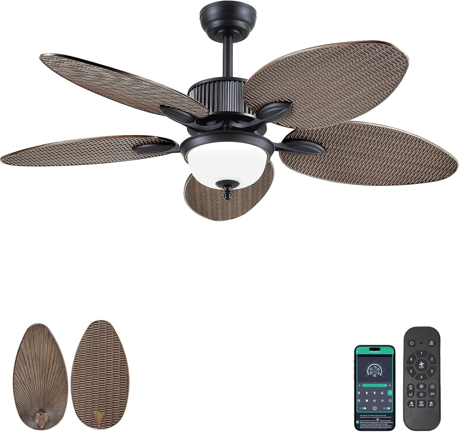 PHORUS 50" Tropical Ceiling Fan with Light and Remote/APP, Outdoor Waterproof Palm Leaf Ceiling Fan, 6 Speeds Quiet DC Motor, Wet Rated for Patio, Porch, Dark Brown