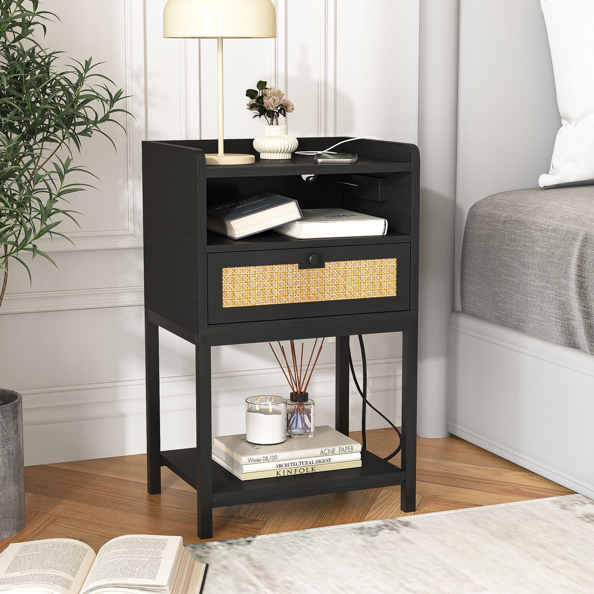 Spaco Nightstand with Charging Station Bed Side Table with Rattan Decoration Drawer Night Stand for Bedroom 3-Tier Storage End Table for Living Room, Black Spaco Nightstand with Charging Station Bed Side Table with Rattan Decoration Drawer Night Stand for Bedroom 3-Tier Storage End Table for Living Room, Black